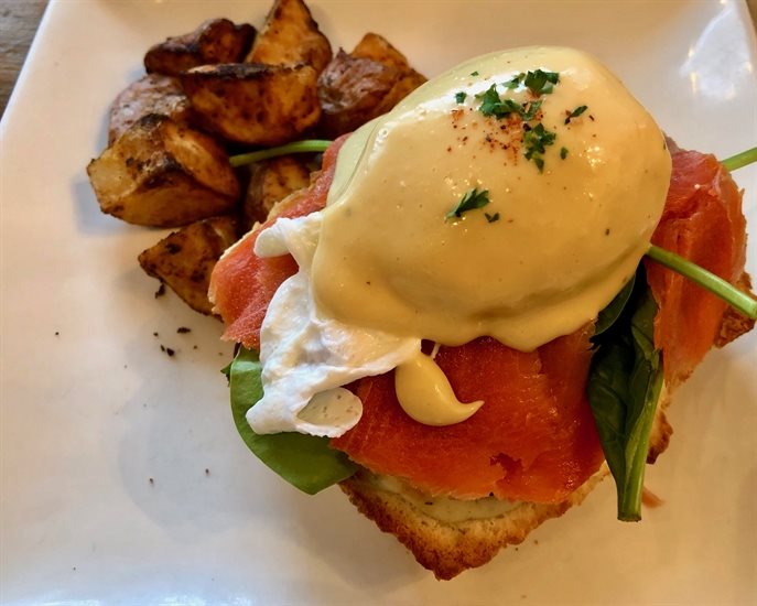 The Basted Baker in Sechelt is a cool little hang out that makes amazing eggs benny served on house made biscuits.