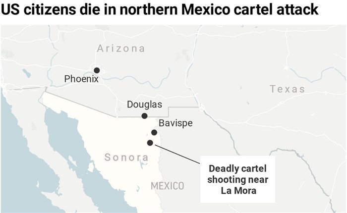 Map locates the site of the cartel killings of at least nine US citizens in the Mexican state of Sonoma.