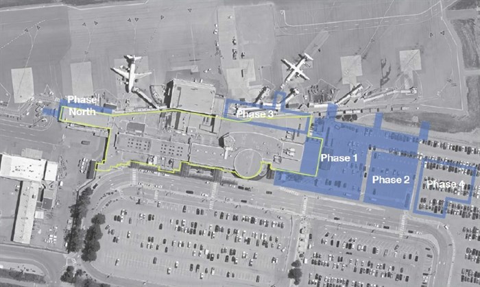 This shows four phases of Kelowna Airport's terminal expansion. Phase one will expand the departures holding room and pre-board screening to the south. Phase two will move domestic arrivals to the south. Phase three will expand the existing departures holding room to the north. Phase four will relocate the international arrivals area to the south.