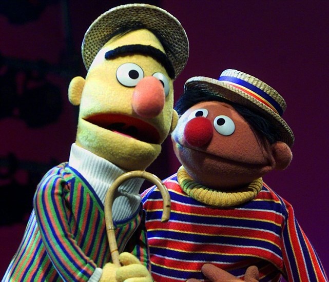 FILE - In this Aug. 22, 2001, file photo, muppets Bert, left, and Ernie, from 