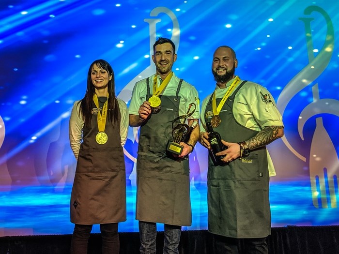 The chef medalists on stage (l-r) Chef Andrea Callan (Silver), Chef Kai Koroll (Gold), Chef Chris Braun (Bronze)