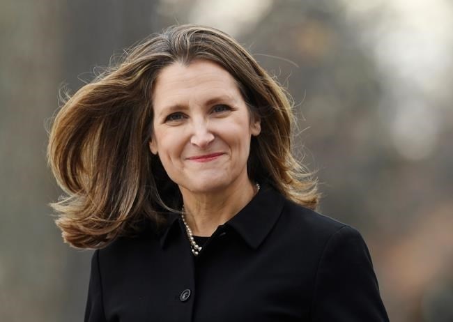 Liberal MP Chrystia Freeland arrives for the cabinet swearing-in ceremony in Ottawa on Wednesday, Nov. 20, 2019. 