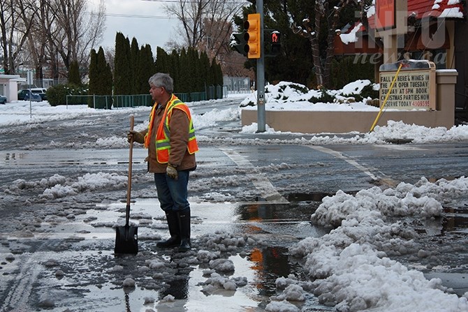 Five years ago the Okanagan was hit by an early winter overnight snowstorm that dropped rain and soggy wet snow throughout the valley. Vernon received 14 cm of snow, while Kelowna received a combination of 17 cm of snow and four mm of rain. In Penticton, 21 cm of snow fell, setting a record for snowfall on that day. Above, Penticton city worker Ron Johnson clears a storm drain on Nov. 26, 2014.