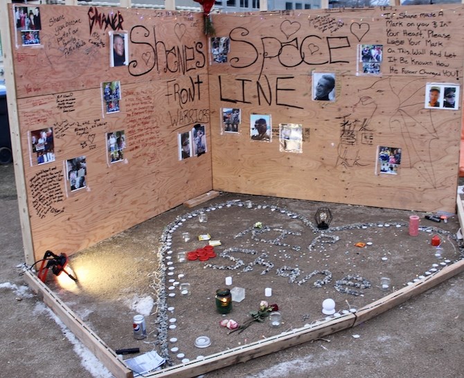 This memorial was set up at the Recreation Avenue tent camp after Shane Bourdin died there last December.