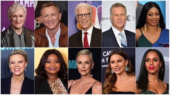 This combination photo shows, top row from left, Glenn Close, Daniel Craig, Ted Danson, Will Ferrell, Tiffany Haddish, bottom row from left, Kate McKinnon, Octavia Spencer, Charlize Theron, Sofia Vergara and Kerry Washington, who will serve as presenters at the Golden Globe Awards on Sunday. 