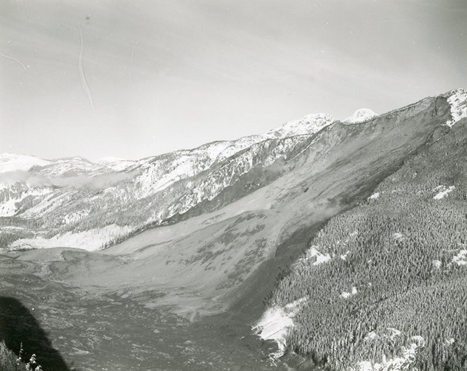 A view of the valley floor taken shortly after the Hope Slide in 1965. Highway 3 is completely obliterated.