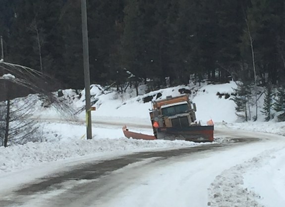 Gronberg captured this photo of a plow and sanding truck that went off Tranquille Criss Creek Road at the 27-kilometre mark and was left there.
