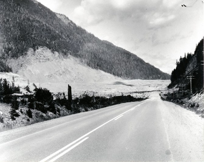 Aerial photograph showing Highway 3 disappearing in the debris