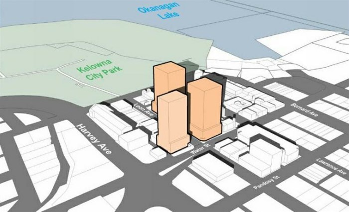 This drawing shows where the towers will be located in downtown Kelowna.