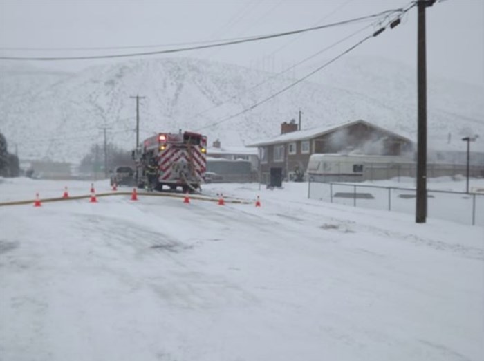 A fire engine can be seen attending to a blaze on Sunday, Jan. 12, 2020 in Kamloops. 