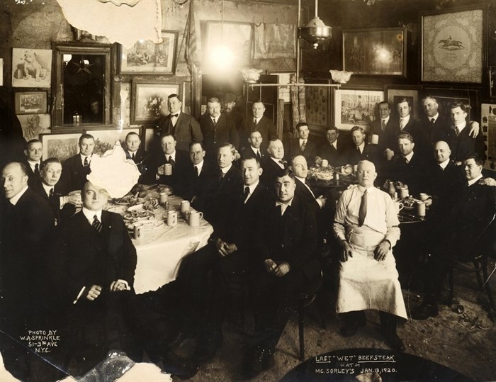 In this Jan. 13, 1920 photo provided by McSorley's Old Ale House, clients and staff pose in the New York bar shortly before the beginning of Prohibition. Located in Manhattan's Lower East Side, McSorley's opened in the mid-19th century, functioned as a speakeasy during Prohibition, and continues in operation today. 