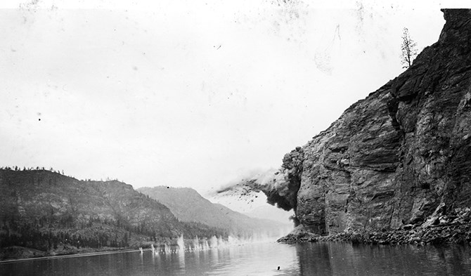 Original blasting work on Highway 97 rock overhang alongside Vaseux Lake, photo taken by Stocks in 1937