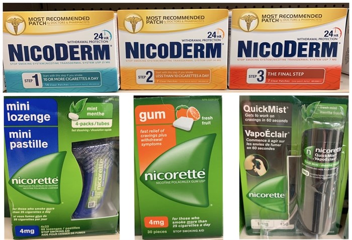 There are several smoking cessation products available at local pharmacies, including the three-step NicoDerm patches as well as the Nicorette lozenges, gum and inhalers.