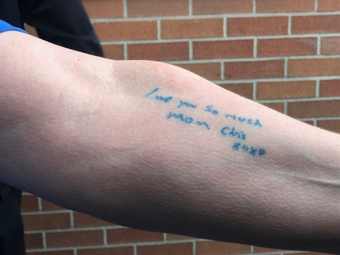 Annie Hutton tattooed the message Chris wrote to her in his last Christmas card. 