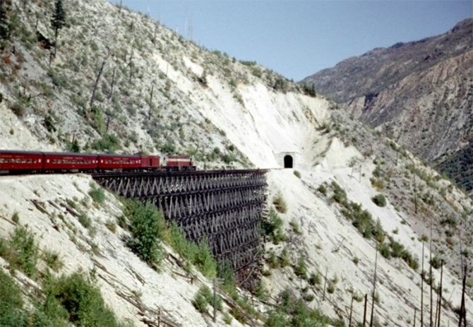 One of the last passenger trains to travel the Coquihalla Canyon section of the Kettle Valley Railway in 1957.