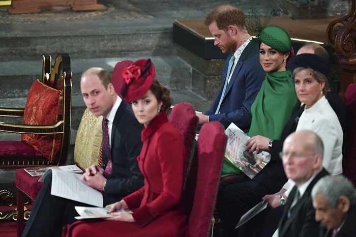 Britain's Prince William and Kate Duchess of Cambridge, front, with Prince Harry and Meghan Duchess of Sussex, behind, attend the annual Commonwealth Service at Westminster Abbey in London Monday March 9, 2020. Britain's Queen Elizabeth II and other members of the royal family along with various government leaders and guests are attending the annual Commonwealth Day service, the largest annual inter-faith gathering in the United Kingdom.