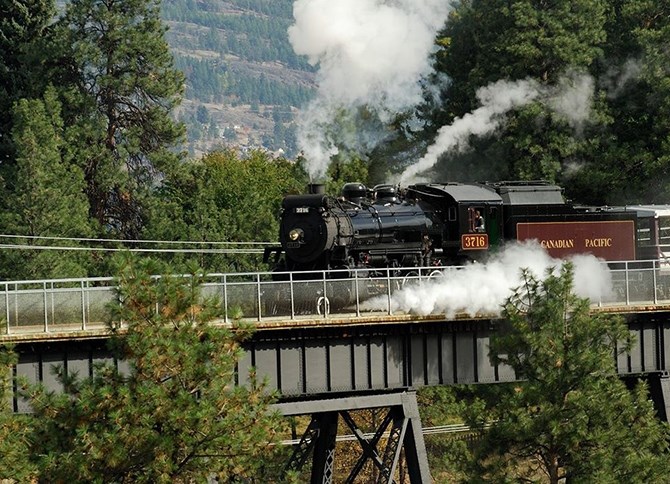 The Kettle Valley Steam train on the Trout Creek bridge near Summerland.