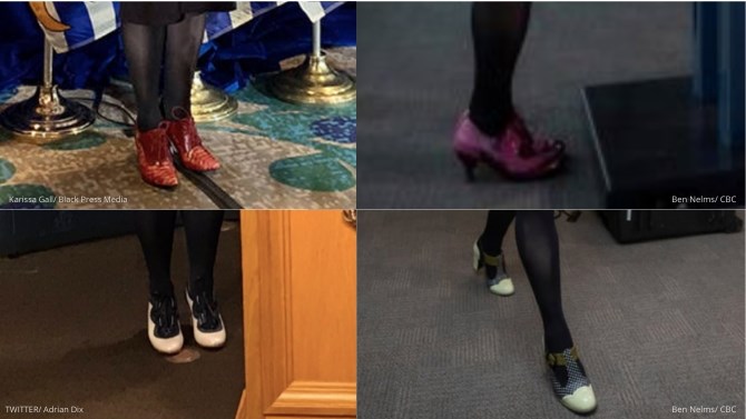 An assortment of Dr. Bonnie Henry's shoes, as seen in recent press conferences.
