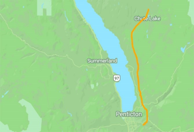Proposed route of a 30 km gas pipeline along the east side of the Okanagan Valley.