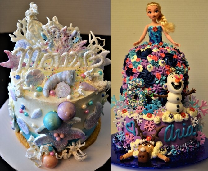 Sea Scape cake for a mother's birthday, with vanilla cake and raspberry white chocolate filling. Disney Frozen cake for girl's birthday. 