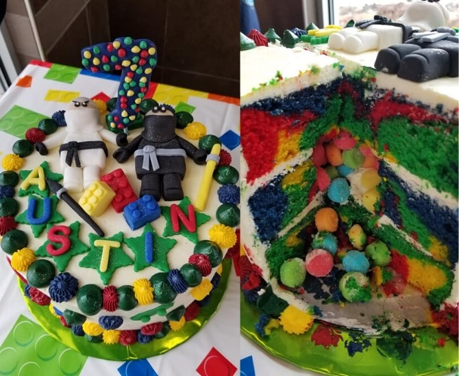Lego cake for boy's birthday, filled with a candy centre. 
