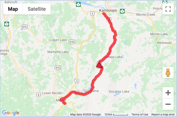 Highway 5A is closed between Merritt and Kamloops, according to Drive BC.