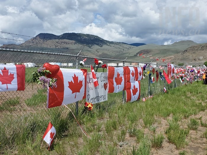 The memorial set up for Capt. Casey spans the fence along Tranquille Road at the Kamloops Airport. 