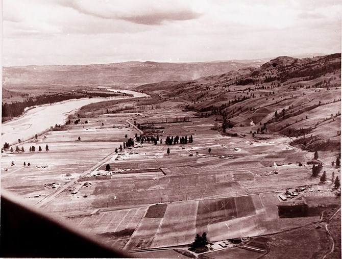 An early aerial view of Westsyde's Columbia Fruitlands irrigated land in the Thompson Valley.