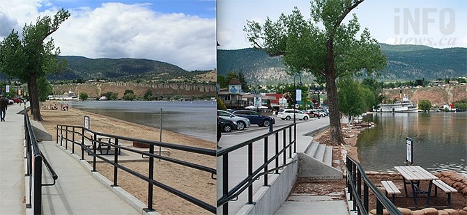 There's still room on the beach in Penticton to sit and have an alcoholic beverage this year on Okanagan Lake, (left) but it was pretty marginal in 2017, shown at right.