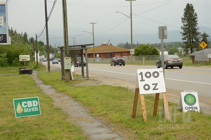 Cannabis store signs appear on Highway 97A near Enderby in this photo from June 2020.