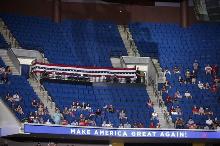 Empty seats are visible in the upper level at a campaign rally for President Donald Trump at BOK Center in downtown Tulsa, Okla., Saturday, June 20, 2020. 