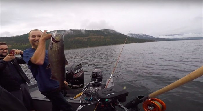 Screenshot from the Backing Boys Youtube video, where Sean lands a 12.9lbs salmon in Little Shuswap, September 2019. 