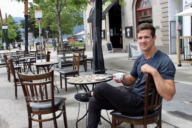 Ben McAvoy recently moved to Kelowna from Toronto and was one of the few people actually sitting at a patio table on Bernard Avenue. He thinks the street closing is a great idea.
