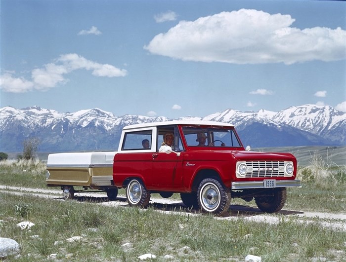 This photo provided by Ford Motor Co. shows a 1966 Ford Bronco. Ford is reviving the Bronco SUV brand in an effort to cash in on the rugged U.S. off-road vehicle market now owned by Jeep. Ford believes the Bronco name will evoke good memories from its off-road heritage during a three-decade run that ended in 1996.