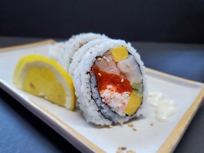 Blue Fish Sushi's House Roll, with tuna, salmon, scallop crab and cucumber.