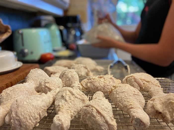Set up your assembly line prior to coating your buttermilk soaked chicken pieces.