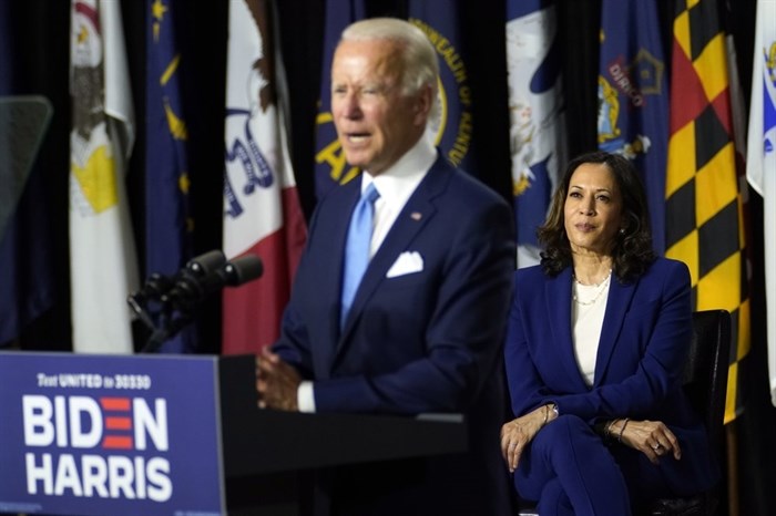 Democratic presidential candidate former Vice President Joe Biden speaks during a campaign event with his running mate Sen. Kamala Harris, D-Calif., at Alexis Dupont High School in Wilmington, Del., Wednesday, Aug. 12, 2020. 