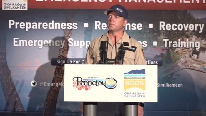 Penticton fire chief Larry Watkinson at a news conference, Aug. 21.