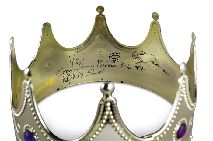 This photo, provided by Sotheby's, shows the crown worn and signed by rapper Notorious B.I.G. during a 1997 photo shoot, three days before he was killed in Los Angeles. The item is up for auction at Sotheby's, the first-ever dedicated hip-hop auction at a major international auction house. 