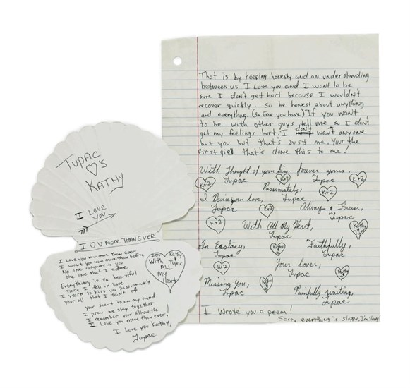 This photo, provided by Sotheby's, shows some of Tupac Shakur's letters written in 1987 and 1988 to Kathy Loy, a fellow student at the Baltimore School for the Arts. The 42 pages chronicle their approximately two-month long romance. The letters are up for auction at Sotheby's, the first-ever dedicated hip-hop auction at a major international auction house. 