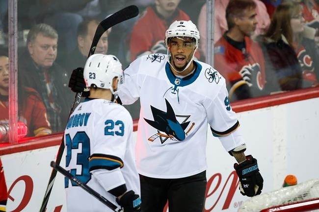 San Jose Sharks' Evander Kane, right, celebrates his goal with teammate Barclay Goodrow during second period NHL hockey action against the Calgary Flames in Calgary on February 4, 2020.