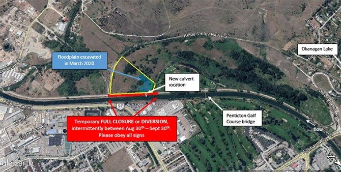 Location of culvert and enhanced former floodplain west of the Okanagan RIver channel.