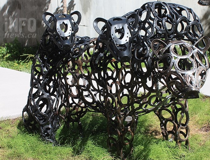 Jean Ouellon's metal sculptures are made entireley of used and discarded horseshoes.