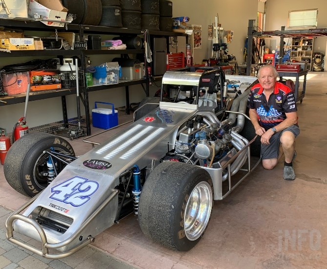 Marty White next to his custom made Silver Bullet Supermodified in Kamloops, 2020. 