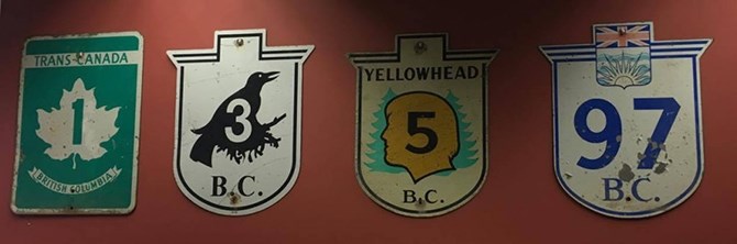 A collection of vintage B.C. highway signs on display at the Ministry of Transportation and Infrastructure's regional office in Kamloops.