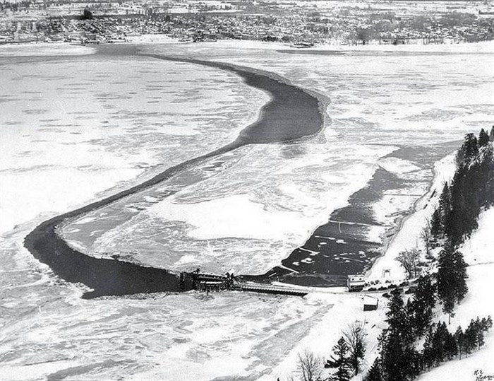 The winter of 1949-50 was one of the coldest on record and the last time Okanagan Lake froze over from end to end, according to this 2014 posting on the Old Kelowna Facebook page. The wide spot allowed two ferries to operate at the same time.