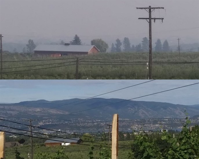 These are two pictures of roughly the same view. The bottom photo was taken on a clear day but the mountains disappeared when the smoke rolled in to Kelowna, Sept. 8.