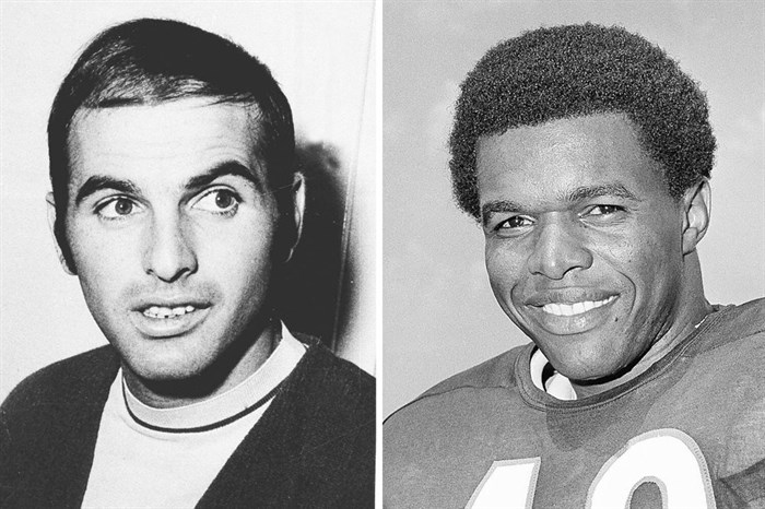 FILE - From left are 1970 file photos showing Brian Piccolo and Gale Sayers. Hall of Famer Gale Sayers, who made his mark as one of the NFL’s best all-purpose running backs and was later celebrated for his enduring friendship with Chicago Bears teammate Brian Piccolo, has died. He was 77. Nicknamed “The Kansas Comet” and considered among the best open-field runners the game has ever seen, Sayers died Wednesday, Sept. 23, 2020, according to the Pro Football Hall of Fame. 
