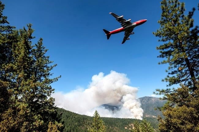 FILE - In this Sept. 17, 2020, file photo, an air tanker prepares to drop retardant while battling the August Complex Fire in the Mendocino National Forest, Calif.