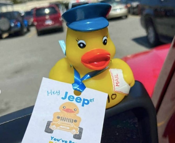 Ducking, or Duck Duck Jeep, is a new trend among Jeep owners where they leave a duck on someone's Jeep to brighten their day.